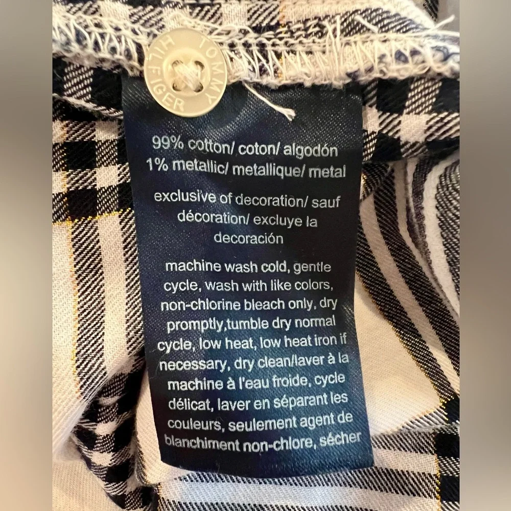 Tommy Hilfiger Plaid Flannel Metallic Stitch Button Down Logo Black White - Picture 14 of 14